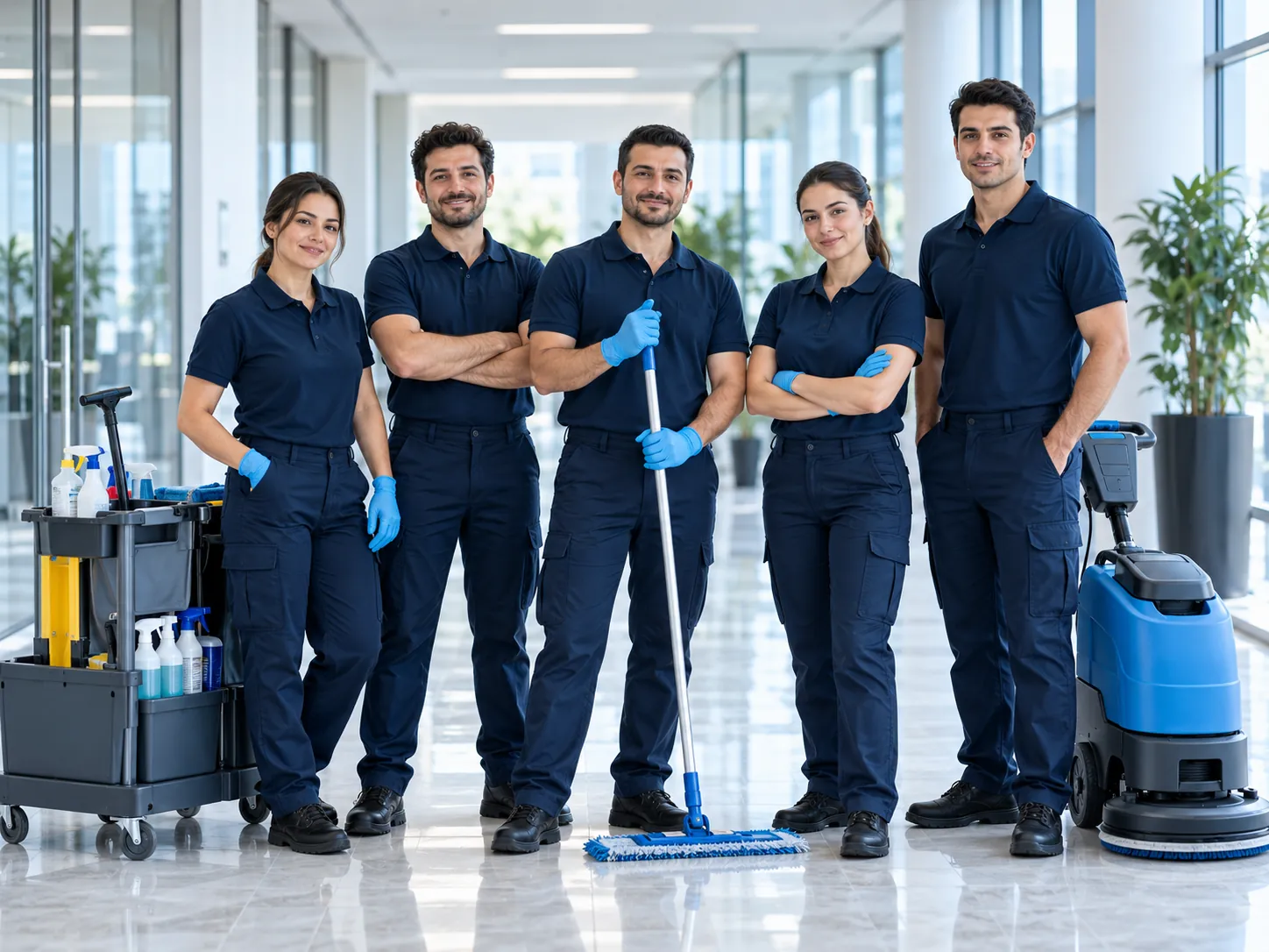 Ferraş Group temizlik ekibi kurumsal kıyafetleri ve ekipmanlarıyla bir arada